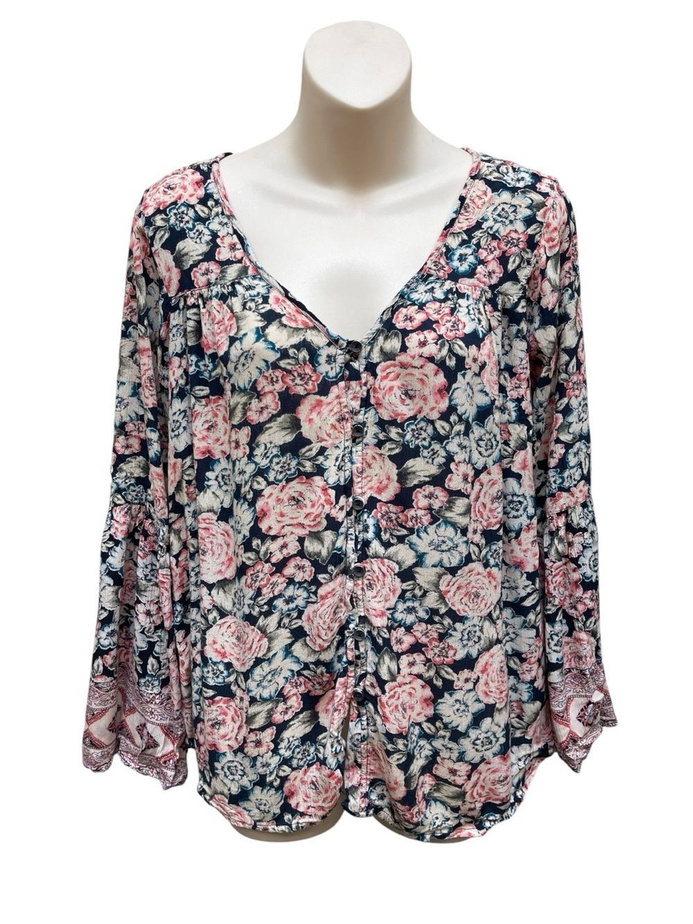 Billabong Floral Boho Peasant Top Small Navy Pink Bell Sleeve Rayon Blouse